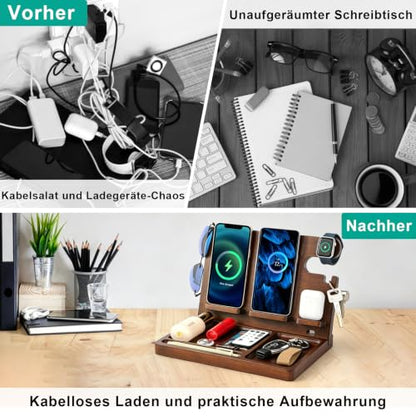 Wood Phone Docking Station with 4 Wireless Charger Nightstand Organizer - color: Walnut color