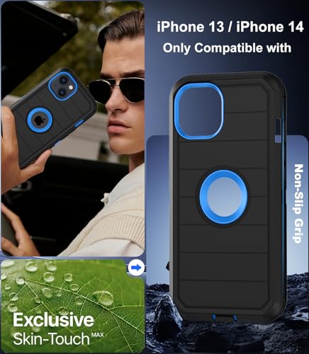 for iPhone 14 Case & iPhone 13 Case, Military-Grade Drop Protection 3-Layer Rugged Shell with Screen Protector, Full-Body Non-Slip Shockproof Heavy Duty Protective Bumper Phone Cover (Black Blue) - color: Black Blue