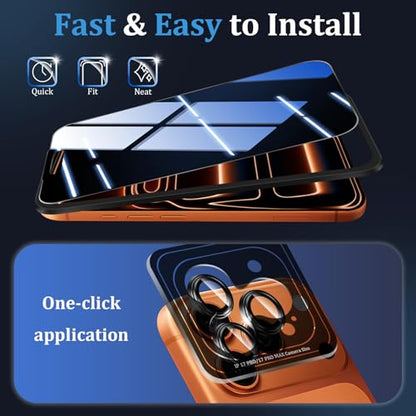 (3+2 Pack) 360° Privacy Screen Protector for iPhone 17 Pro Max 【4 Way Anti Spy】 + Camera Lens Protector,9H Shatterproof, Anti-Peep,Bubble-Free, Case Friendly Easy Installation Frame Included - size: iPhone 17 Pro Max