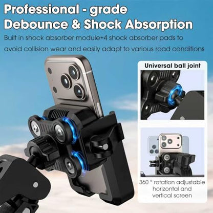 Anti-Vibration Bike Phone Holder for Rearview Mirror & Handlebar[Camera Friendly],Shockproof Motorcycle Phone Mount with Quick Lock, Fit iPhone & All Android Phone for Electric Scooter/E-Bike