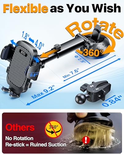 2026 Ultimate Best【True Military-Grade & Safety Cert】Car Phone Holder HTU【Upgraded 360° Rotation & 100LBS Strongest Suction】5-in-1 Truck Windshield Dashboard Vent Mount Stand for iPhone Android, Black - color: Black