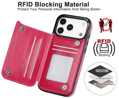 for iPhone 17 Pro Max Wallet Case with Screen Protector, Slim PU Leather Protective Case with Card Holder[RFID Blocking] Kickstand Cover 6.9“-Rose Red - color: Rose Red