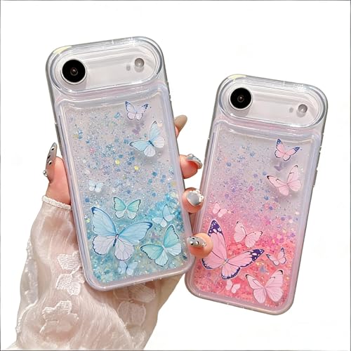 Compatible with iPhone Air Glitter Butterfly Case Glow in The Dark Women Girls Girly Bling Sparkle Flowing Quicksand Light up Soft TPU Bumper Luminous Clear Phone Cover, Purple - color: Pink, size: iPhone Air