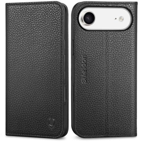 SHIELDON Genuine Leather Case Wallet for iPhone Air 6.5", Pebbled Black | Magnetic Closure, RFID Blocking, Credit Card Slot, Kickstand, Flip Book Design, Soft Shockproof Phone Cover - color: Pebbled Black