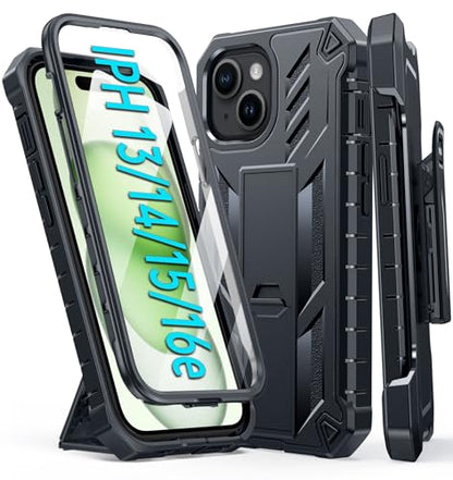 FNTCASE for iPhone 15 Case with Belt Clip and Built-in Screen Protector | Rugged Kickstand, 20FT Military-Grade Drop Protection, Full Body Heavy Duty Shockproof Holster, Hard Protective Cover - color: Black