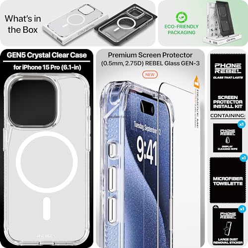 REBEL Clear Case for iPhone 15 Pro [Crystal Series Gen-5] Strong MagSafe Compatible, Anti-Scratch, Non-Yellowing, Protective Shockproof Bumpers, Metal Lens & Buttons, 6.1 Inch Phone 2023 (Clear) - color: Crystal Clear, size: iPhone 15 Pro