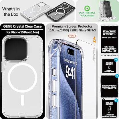 REBEL Clear Case for iPhone 15 Pro [Crystal Series Gen-5] Strong MagSafe Compatible, Anti-Scratch, Non-Yellowing, Protective Shockproof Bumpers, Metal Lens & Buttons, 6.1 Inch Phone 2023 (Clear) - color: Crystal Clear, size: iPhone 15 Pro
