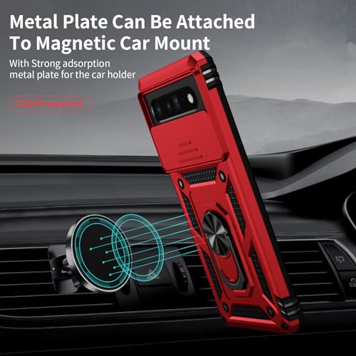 Vinve for Google Pixel 6 Pro Case with Slide Lens Cover, Military Grade Drop Protection, Magnetic Rotated Ring Holder Kickstand Protective Phone Case (Red) - color: Red ,Military Grade 2nd gen.