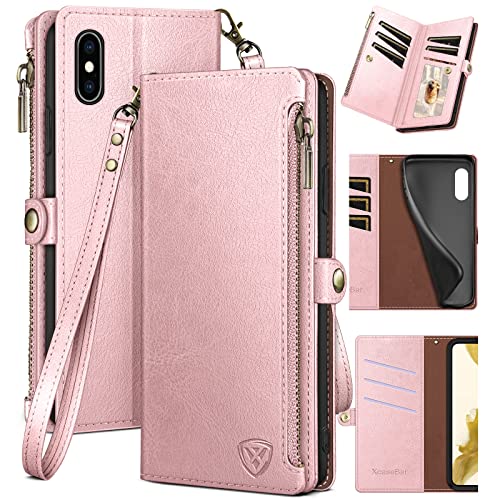 XcaseBar for iPhone Xs Max 6.5" Wallet case with Zipper Credit Card Holder【RFID Blocking】, Flip Folio Book PU Leather Phone case Shockproof Cover Women Men for Apple XS Max 6.5" case Rose Gold - color: Rose Gold