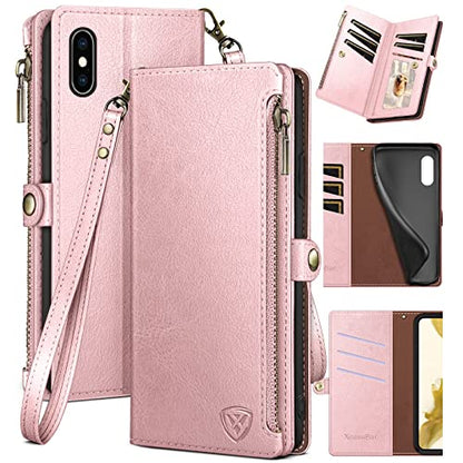 XcaseBar for iPhone Xs Max 6.5" Wallet case with Zipper Credit Card Holder【RFID Blocking】, Flip Folio Book PU Leather Phone case Shockproof Cover Women Men for Apple XS Max 6.5" case Rose Gold - color: Rose Gold