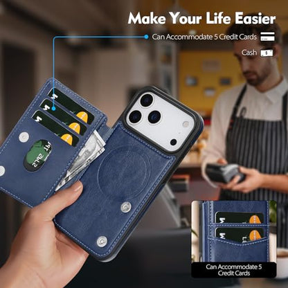 SkyEagle Compatible with MagSafe iPhone 17 Pro Max Case Wallet,Blue | Magnetic Clasp,RFID Blocking,PU Leather,Flip Folio Shockproof Phone Cover,with Credit Card Slots & Kickstand for Men & Women - color: Blue, size: iPhone 17 Pro Max - 6.9"