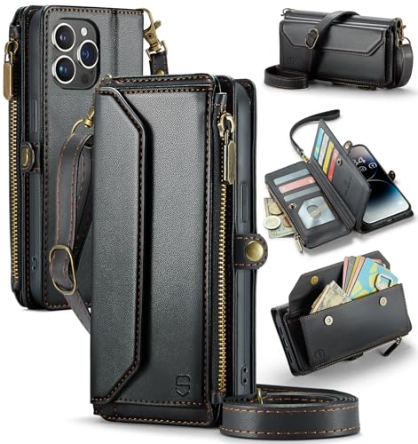 Strapurs Wallet Case Compatible with iPhone 14 Pro Max RFID Blocking 10-Card Holder Soft PU Leather Magnetic Snap Shoulder Strap Zipper Pocket Phone Case Fit for iPhone 14 Pro Max - Black | RFID Blocking 10-Card Holder, Shoulder Lanyard, Wirst Strap, Zipp