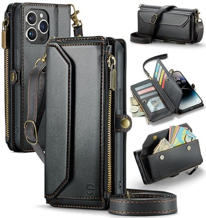 Strapurs Wallet Case Compatible with iPhone 14 Pro Max RFID Blocking 10-Card Holder Soft PU Leather Magnetic Snap Shoulder Strap Zipper Pocket Phone Case Fit for iPhone 14 Pro Max - Black | RFID Blocking 10-Card Holder, Shoulder Lanyard, Wirst Strap, Zipp