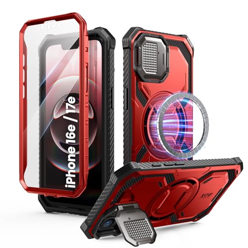 i-Blason for iPhone 16e / iPhone 17e Case MagSafe with Stand, Red | Built-in Screen Protector, Fit for MagSafe, Adjustable Camera Cover Stand, Full-Body Protection, Military - color: Red