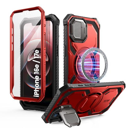 i-Blason for iPhone 16e / iPhone 17e Case MagSafe with Stand, Red | Built-in Screen Protector, Fit for MagSafe, Adjustable Camera Cover Stand, Full-Body Protection, Military - color: Red