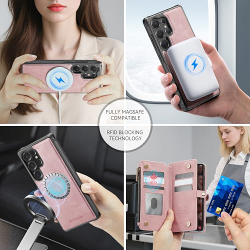 Defencase for Galaxy S24 Ultra Case Wallet Compatible with Magsafe, Pink | Magnetic Detachable, RFID Bolcking Card Holder, Zipper Strap, PU Leather Drop-Proof Phone Cover for Samsung Galaxy S24 Ultra - color: (Detachable with Magsafe)-Pink