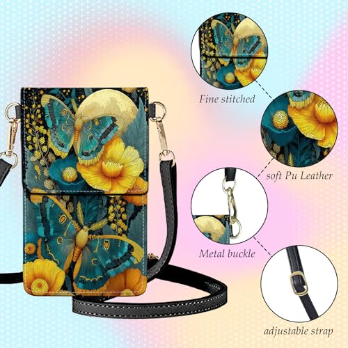 Small Crossbody Bags for Women Touchscreen Cell Phone Bag Cross Body Purses with adjustable Strap,Gifts For Teenage Girls-Teal Yellow Butterflies Art