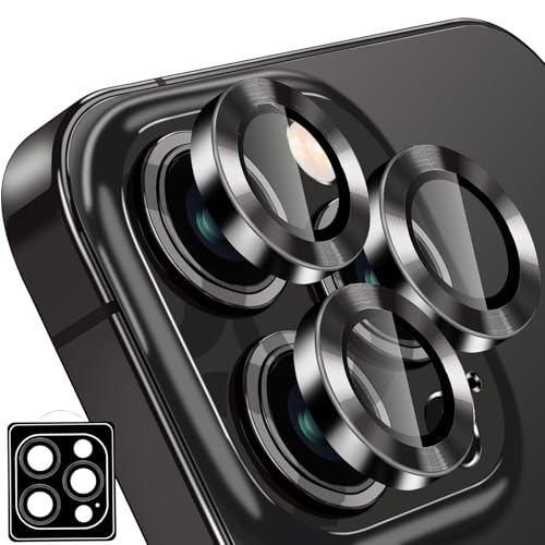 Designed for iPhone 16 Pro and 16 Pro Max Camera Lens Protector, Metal Lens Cover 9H Tempered Glass Camera Cover Anti Scratch Shockproof Screen Protector - color: Black