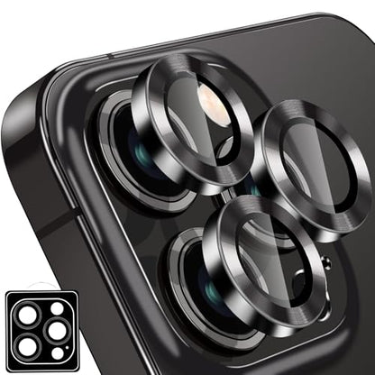 Designed for iPhone 16 Pro and 16 Pro Max Camera Lens Protector, Metal Lens Cover 9H Tempered Glass Camera Cover Anti Scratch Shockproof Screen Protector - color: Black