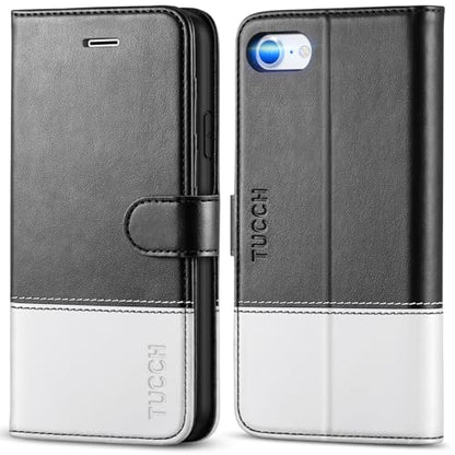TUCCH Wallet Case for iPhone SE 2022/SE 2020/iPhone 7/8 4.7", Black & White | 3 Card Holders, Kickstand, PU Leather, Shockproof TPU Shell, Magnetic Closure, Protective Folio Cover - color: Black & White