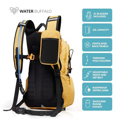 Water Buffalo Sherpa 22L Hiking Hydration Backpack, 2L Bladder | Hiking Backpack with Water Bladder, Waterproof Zippers, Phone Compartment, Trekking Pole Holders, Padded Straps - color: Bonfire