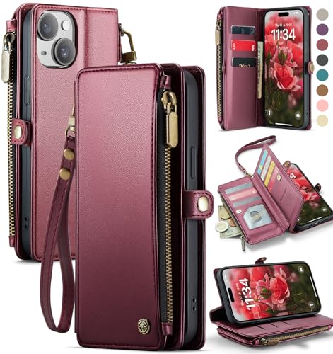 Defencase for iPhone 14 Plus Wallet Case with RFID Card Holder, Wine Red | Durable Soft PU Leather, with Zipper Pocket, Wrist Strap, Fashion Snap Flip Phone Cases Cover with Stand for Women and Men - color: Wine Red