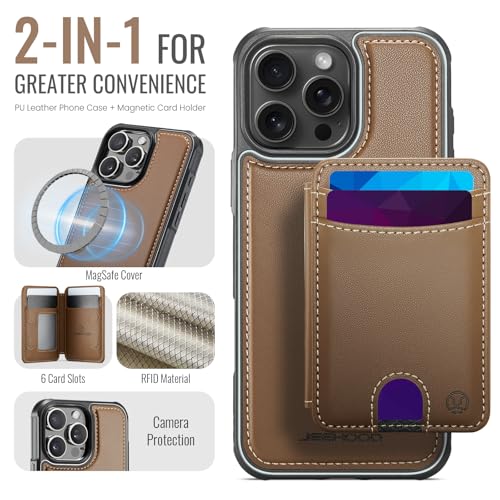 WJX for iPhone 16 Pro MagSafe Wallet Case, 2-in-1 Detachable Luxury Card Holder, Universal MagSafe Compatible, RFID Blocking, Shockproof Kickstand Slim Cover， Brown - color: Brown, size: iPone 16 Pro