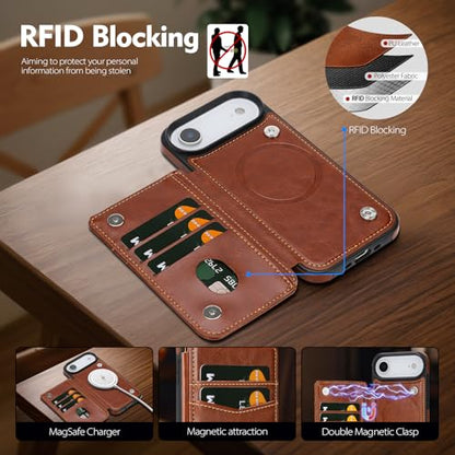 SkyEagle Compatible with MagSafe iPhone 17 Air Case Wallet,Brown | Magnetic Clasp,RFID Blocking,PU Leather,Flip Folio Shockproof Phone Cover,with Credit Card Slots & Kickstand for Men & Women - color: Brown, size: iPhone 17 Air - 6.5"