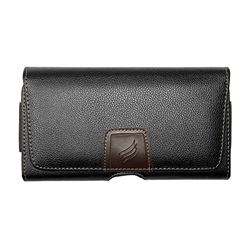 Leather Cell Phone Holster for T-Mobile REVVLRY+, REVVL 4, AT&T Fusion Z, Motivate, Jitterbug Smart3, Kyocera DuraSport 5G - Horizontal Case Waist Carrying Pouch with BeltClip/Loops, Black - size: Medium