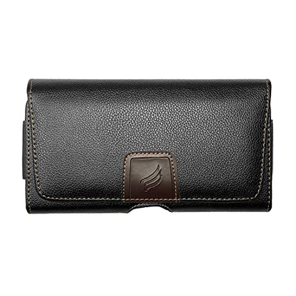 Leather Cell Phone Holster for T-Mobile REVVLRY+, REVVL 4, AT&T Fusion Z, Motivate, Jitterbug Smart3, Kyocera DuraSport 5G - Horizontal Case Waist Carrying Pouch with BeltClip/Loops, Black - size: Medium