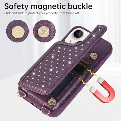 for iPhone 11 Wallet Case with Card Holder Slots and Strap, RFID Blocking Magnetic Flip Folio Cover, Crossbody Purse Protection Case with Kickstand,Deep Purple Diamond - color: Deep Purple Diamond, size: iPhone 11(6.1")