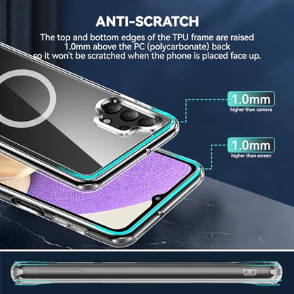for Samsung Galaxy A32 5G Clear Case with Magnetic, Anti-Yellowing TPU & PC Back Cover Camera Protection, Wireless Charging Compatible