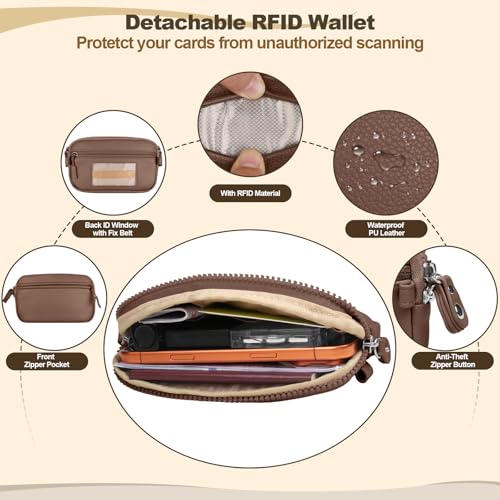 YFWE Clip and Go Phone Strap with Crossbody Wallet, Adjustable Phone Lanyard with Detachable RFID Wristlet Wallet, Anti-Theft Leather Purse with ID Window for Travel Essentials (Bronze) - color: Brown