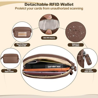 YFWE Clip and Go Phone Strap with Crossbody Wallet, Adjustable Phone Lanyard with Detachable RFID Wristlet Wallet, Anti-Theft Leather Purse with ID Window for Travel Essentials (Bronze) - color: Brown