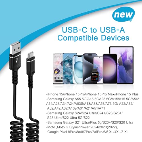 Coiled USB C to USB A Cable Fast Charging Retractable Android Phone Cord - color: Full Black