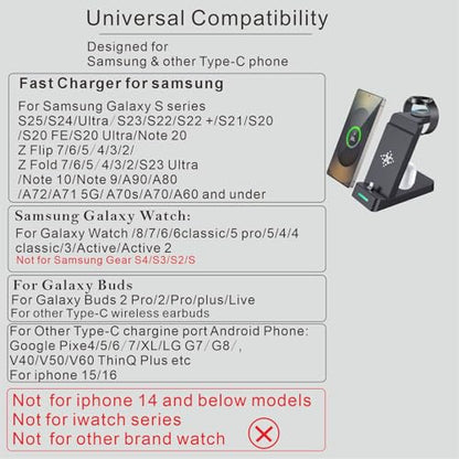 3 in 1 Fast Charging Station for Samsung Galaxy Phones Watch Earbuds Charger, Fast Android Charger Stand Dock for Samsung Galaxy S25/S24/S23/S22/21/20/Note20/10 Galaxy Watch Ultra 8/7/6/5/4 (Black) - color: Black