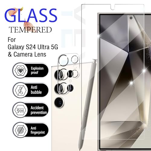 Galaxy S24 Ultra Screen Protector + Camera Lens Protector, [2 +2 Pack] [Ultrasonic Fingerprint Unlock] Full Coverage Tempered Glass Screen Protector For Samsung Galaxy S24 Ultra - size: Galaxy S24 Ultra