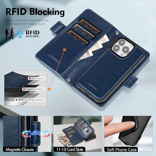 Antsturdy Compatible with MagSafe iPhone 13 Pro Wallet Case,Dark Blue | Detachable Magnetic Credit Card Holder,RFID Blocking,PU Leather Zipper Purse,Wrist Strap Kickstand,Flip Phone Cover for Women - color: (Detachable with Magsafe)-Dark Blue