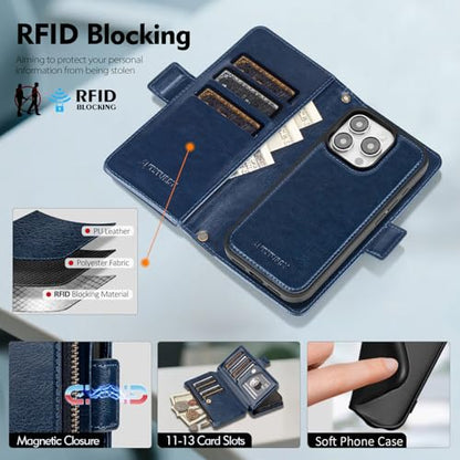Antsturdy Compatible with MagSafe iPhone 13 Pro Wallet Case,Dark Blue | Detachable Magnetic Credit Card Holder,RFID Blocking,PU Leather Zipper Purse,Wrist Strap Kickstand,Flip Phone Cover for Women - color: (Detachable with Magsafe)-Dark Blue
