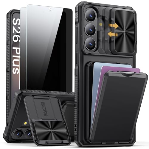 SSLOTSCASE for Samsung Galaxy S26+ Plus Case with 2X Privacy Screen Protector, Anti-Spy Tempered Glass, Card Holder & Sliding Lens Cover & Kickstand, Heavy-Duty Phone Case Cover for S26+ Plus, Black - color: Black-PSP, size: S26+ Plus