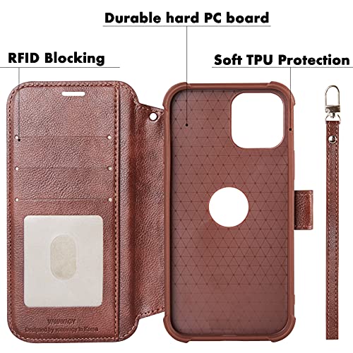 VANAVAGY Wallet Case for iPhone 11 6.1 inch, Brown | 12ft Drop-proof Cover for Women Men, Silm PU Leather, RFID Blocking Card Holder, Wrist Strap, Screen Protector - color: Brown