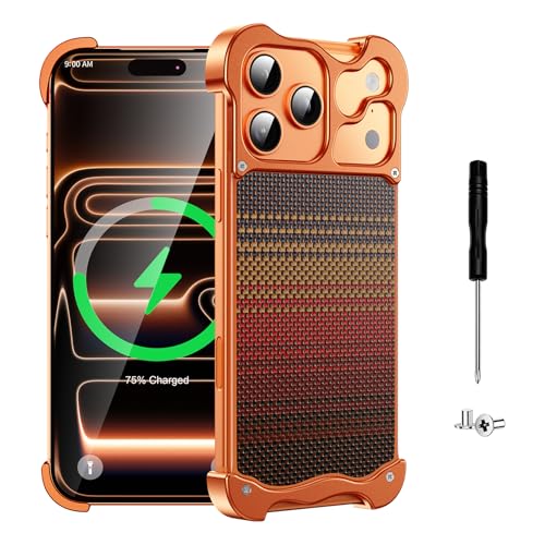 Metal Bumper Case for Orange iPhone 17 Pro, Fit for MagSafe | Soft-Touch 1500D Aramid Fiber Slim Back Panel, DIY Assemble Design, 4-Corner Airbag Rugged Shockproof, Camera Protection - color: Sunset Orange, size: iPhone 17 Pro