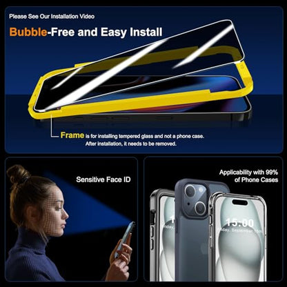 QHOHQ 3 Pack Privacy Screen Protector for iPhone 15 [6.1 Inch] with 3 Pack Camera Lens Protector, Anti Spy Tempered Glass Film, 9H Hardness, HD, Bubble Free, Case Friendly - Black - size: iPhone 15 6.1 Inch