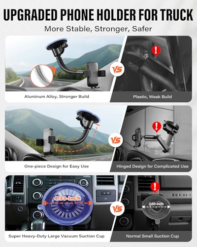 A2C Heavy Duty Truck Phone Mount, 10" Metal Long Arm Windshield Phone Mount