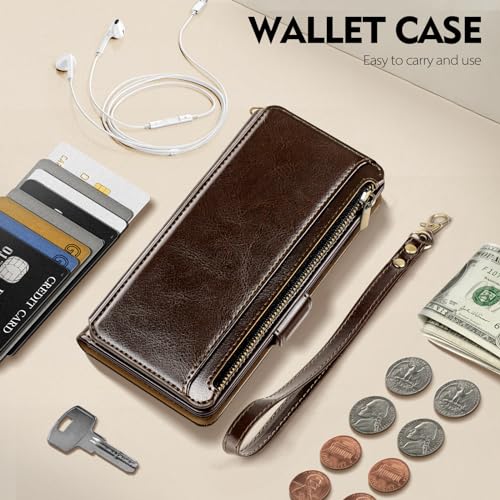 Antsturdy for iPhone 13 Pro Max Phone Wallet Case Women,Coffee | RFID Blocking,with Credit Card Holder Slots,PU Leather Purse,Zipper Pocket,Wrist Strap Kickstand,Flip Folio Cover for Men - color: A-Coffee