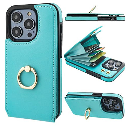 Folosu Compatible with iPhone 14 Pro Case Wallet with Card Holder, 360°Rotation Finger Ring Holder Kickstand, RFID Blocking Leather Protective Double Buttons Shockproof Cover 6.1 Inch Green - color: Mint Green, size: iPhone 14 Pro
