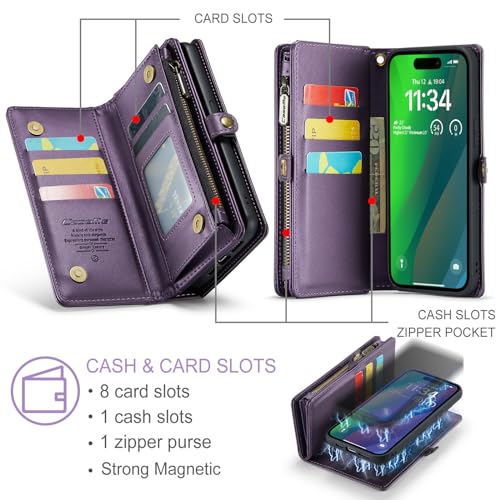 Compatible with iPhone 15 Plus Wallet Case with Magsafe,Purple | Magnetic Detachable Case,Card Holder,Zipper Pocket,Strap Wristlet, Soft Leather Drop-Proof Phone Case for iPhone 15 Plus 6.7" - color: Purple, size: iPhone 15 Plus 6.7"