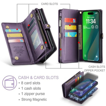 Compatible with iPhone 15 Plus Wallet Case with Magsafe,Purple | Magnetic Detachable Case,Card Holder,Zipper Pocket,Strap Wristlet, Soft Leather Drop-Proof Phone Case for iPhone 15 Plus 6.7" - color: Purple, size: iPhone 15 Plus 6.7"