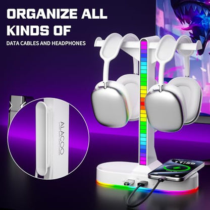 Dual Headphones Stand with Charger for Men, Headset Holder Stand for Desk - color: White