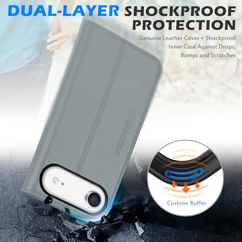 SHIELDON Genuine Leather Case Wallet for iPhone Air 6.5" 2025, Grey | Folio Magnetic Closure, RFID Blocking, Credit Card Holder, Kickstand, Shock Absorbing Protective Cover - color: Gray